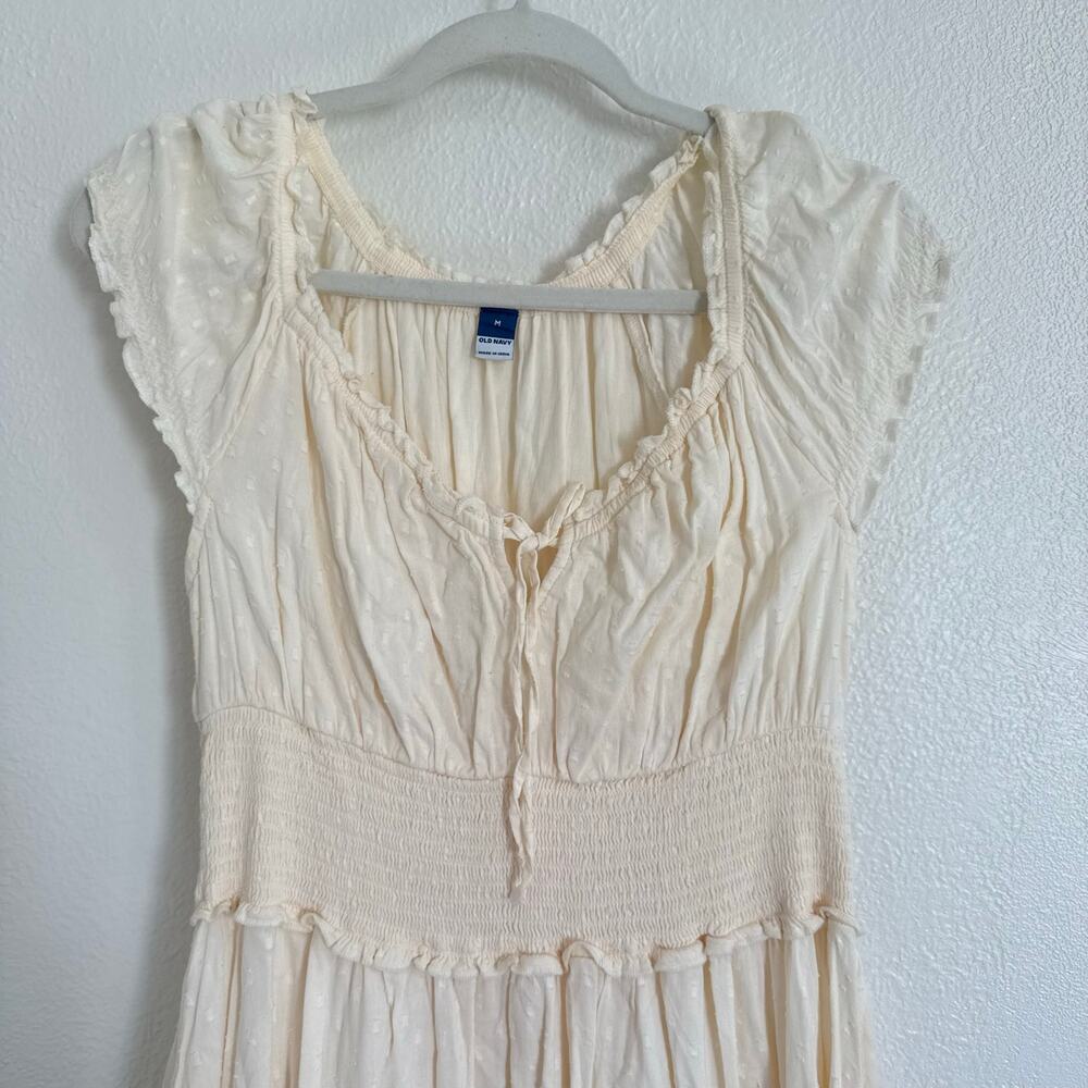 Old Navy Waist Defined Puff Sleeve Clip Dot Midi Dress Cream Ivory Boho Medium - Picture 4 of 10